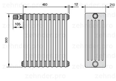 Схема (чертеж) Радиатор Zehnder Charleston 6090/10 №V012 Белый глянцевый RAL 9016